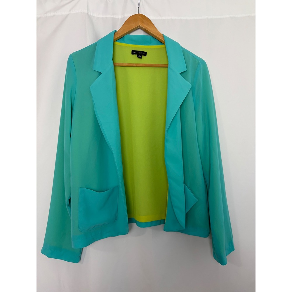 Willi Smith Womens‎ Turquoise Blue Lime Green Lined Open Front Blazer Jacket L